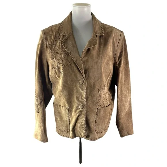 Coldwater Creek Suede Tan Genuine Leather Whipped Stitch Floral Jacket Size XL